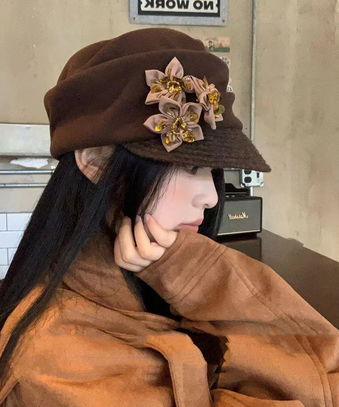 Autumn And Winter Versatile Coffee Pleated Flower Hat