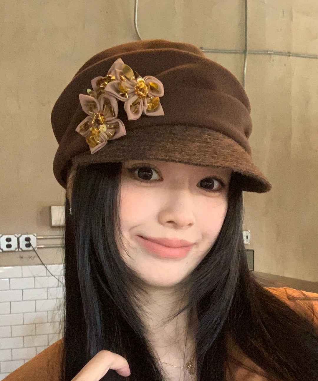 Autumn And Winter Versatile Coffee Pleated Flower Hat