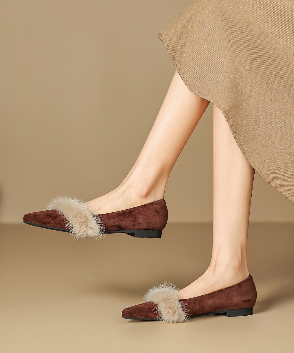 Autumn New Black Fuzzy Fur Splicing Pointed Comfortable Flat Shoes