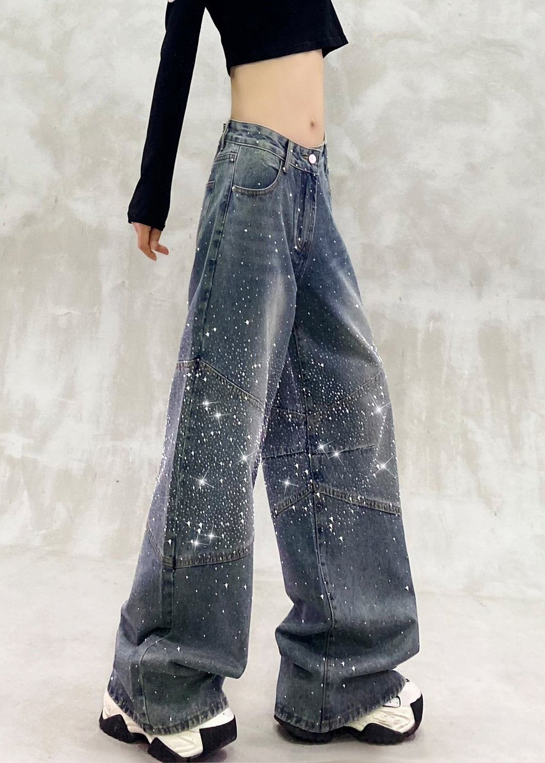 Autumn New High Waisted Zircon Denim Straight Leg Pants