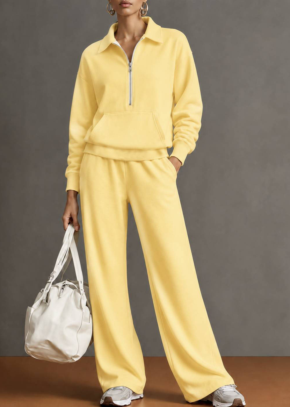 Autumn New Navy Lapel Zipper Sweatshirt Wide Leg Pants Two-Piece Set