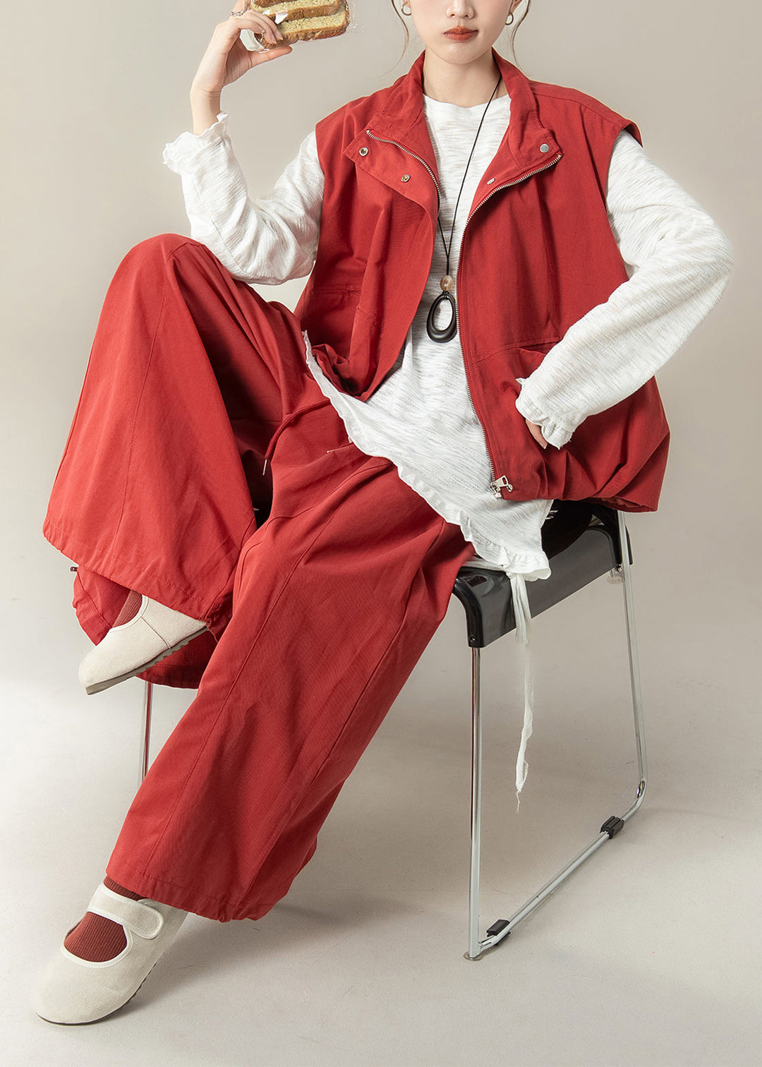 Autumn New Red Stand Collar Vest Asymmetrical T-Shirt Wide Leg Pants Set