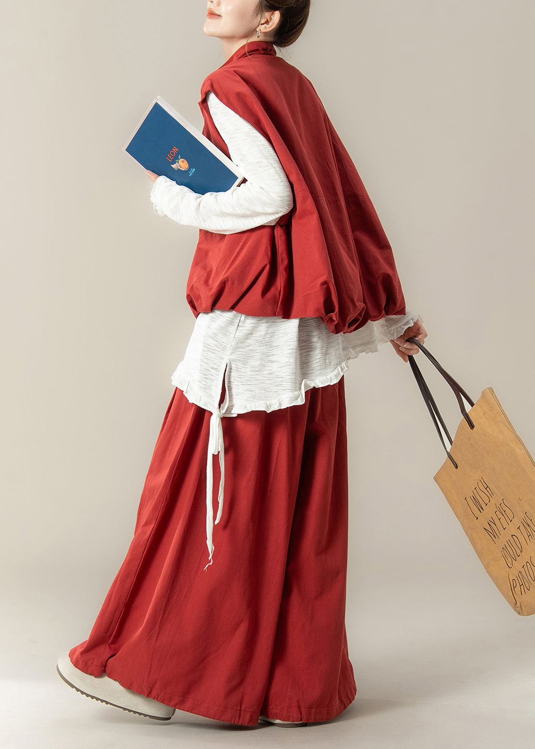 Autumn New Red Stand Collar Vest Asymmetrical T-Shirt Wide Leg Pants Set