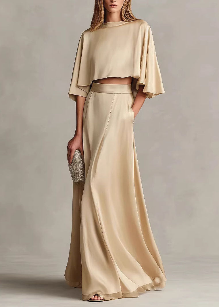 Autumn New Women's Champagne Satin Top And Skirt Set