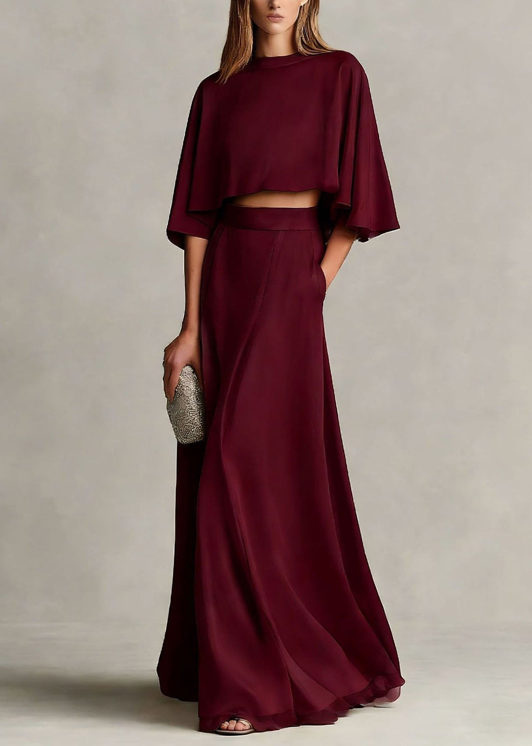 Autumn New Women's Champagne Satin Top And Skirt Set