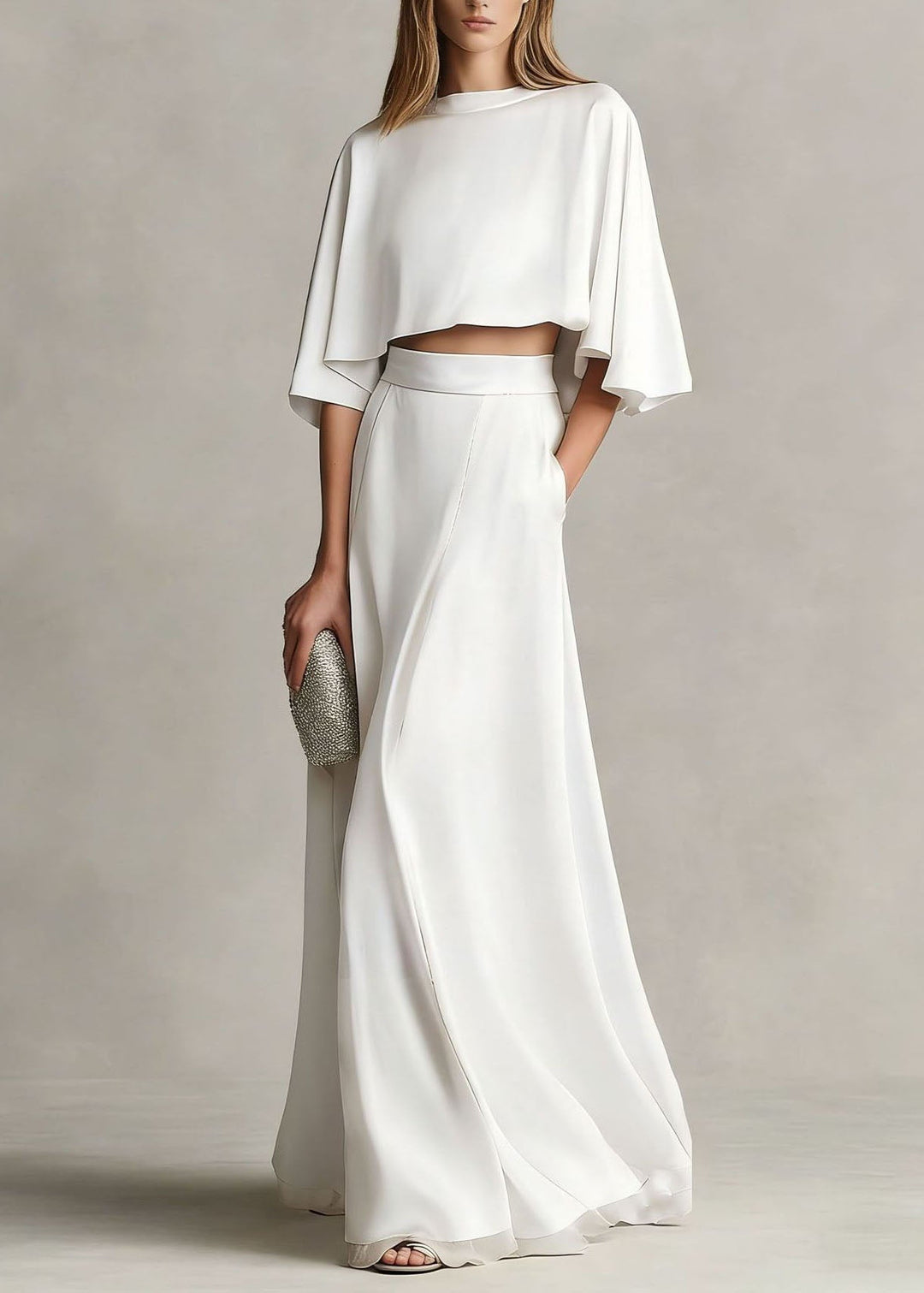 Autumn New Women's Champagne Satin Top And Skirt Set
