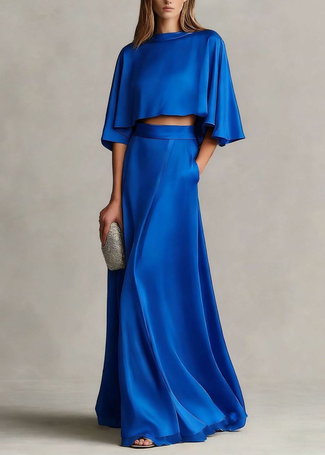Autumn New Women's Champagne Satin Top And Skirt Set