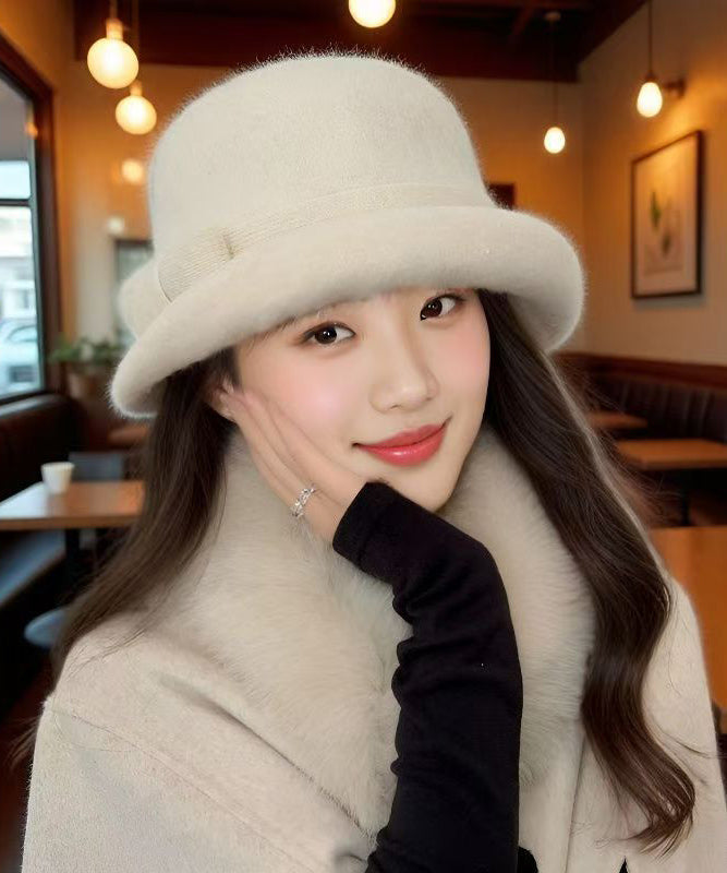 Autumn Winter Elegant Bow Thick Woolen Bucket Hat