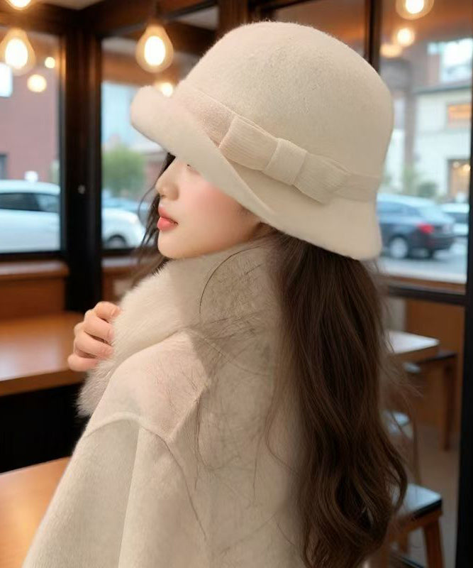 Autumn Winter Elegant Bow Thick Woolen Bucket Hat