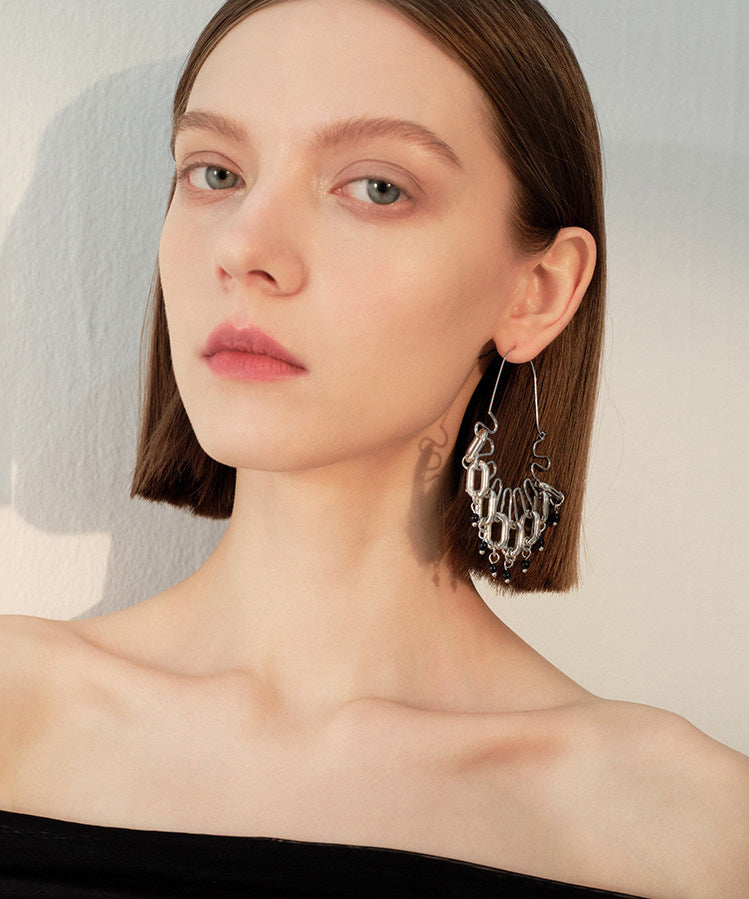 Avant-Garde Silver Paperclip Tassel Dangle Earrings - Omychic