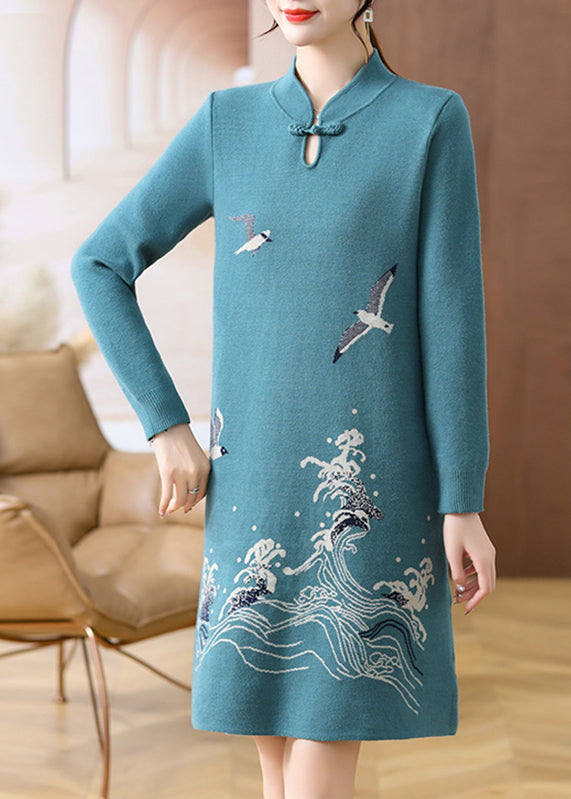 Baby Blue Print Button Cotton Knit Maxi Sweater Dress Fall