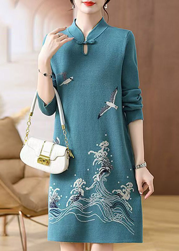 Baby Blue Print Button Cotton Knit Maxi Sweater Dress Fall