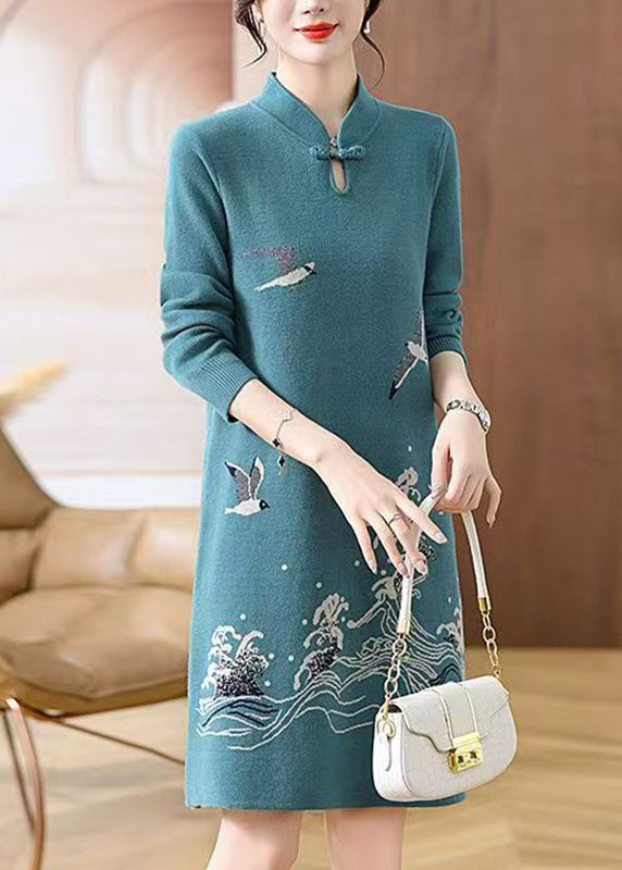 Baby Blue Print Button Cotton Knit Maxi Sweater Dress Fall