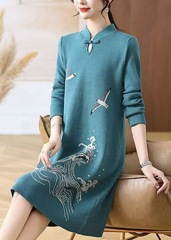 Baby Blue Print Button Cotton Knit Maxi Sweater Dress Fall