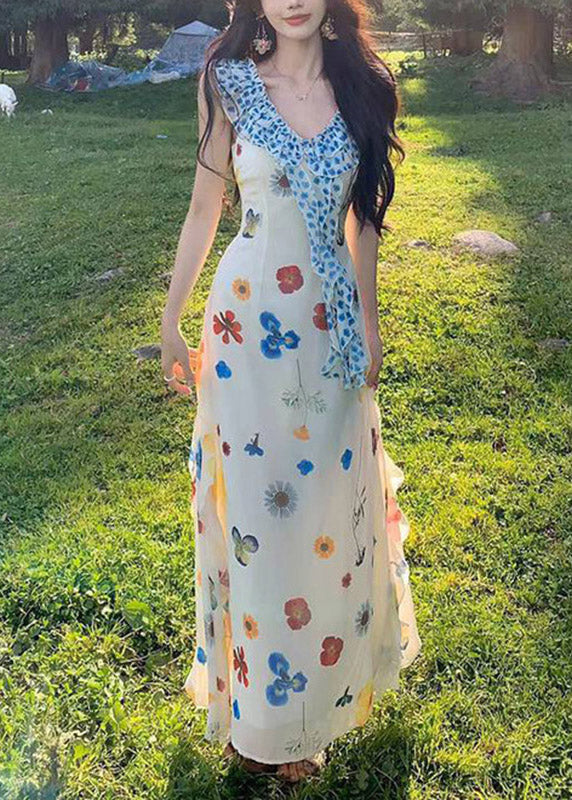 Beac White V Neck Patchwork Maxi Dress Summer