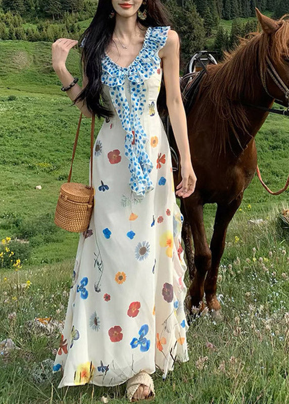Beac White V Neck Patchwork Maxi Dress Summer