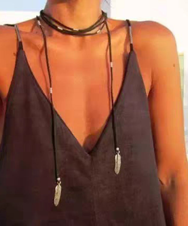 Beach Black Leather Alloy Feather Tassel Necklace - Omychic