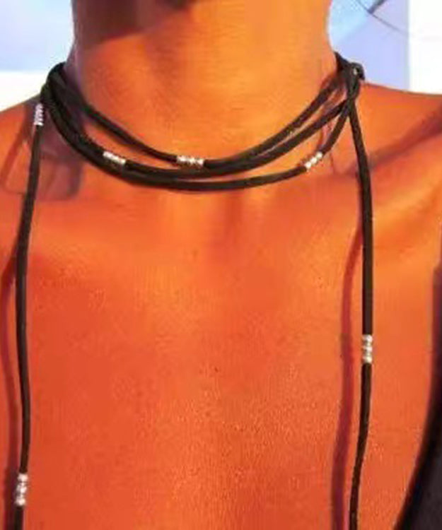 Beach Black Leather Alloy Feather Tassel Necklace - Omychic