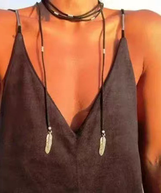 Beach Black Leather Alloy Feather Tassel Necklace - Omychic