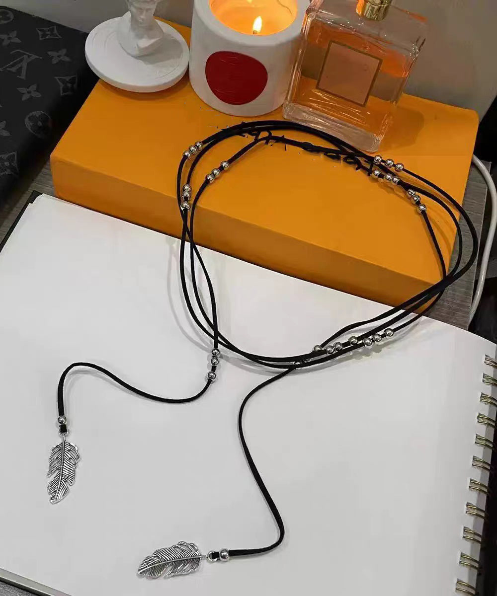 Beach Black Leather Alloy Feather Tassel Necklace - Omychic