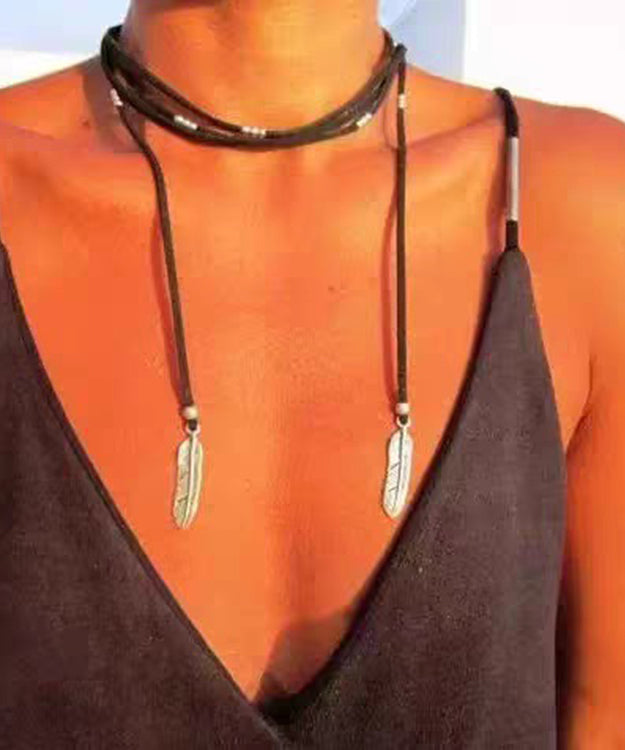 Beach Black Leather Alloy Feather Tassel Necklace - Omychic