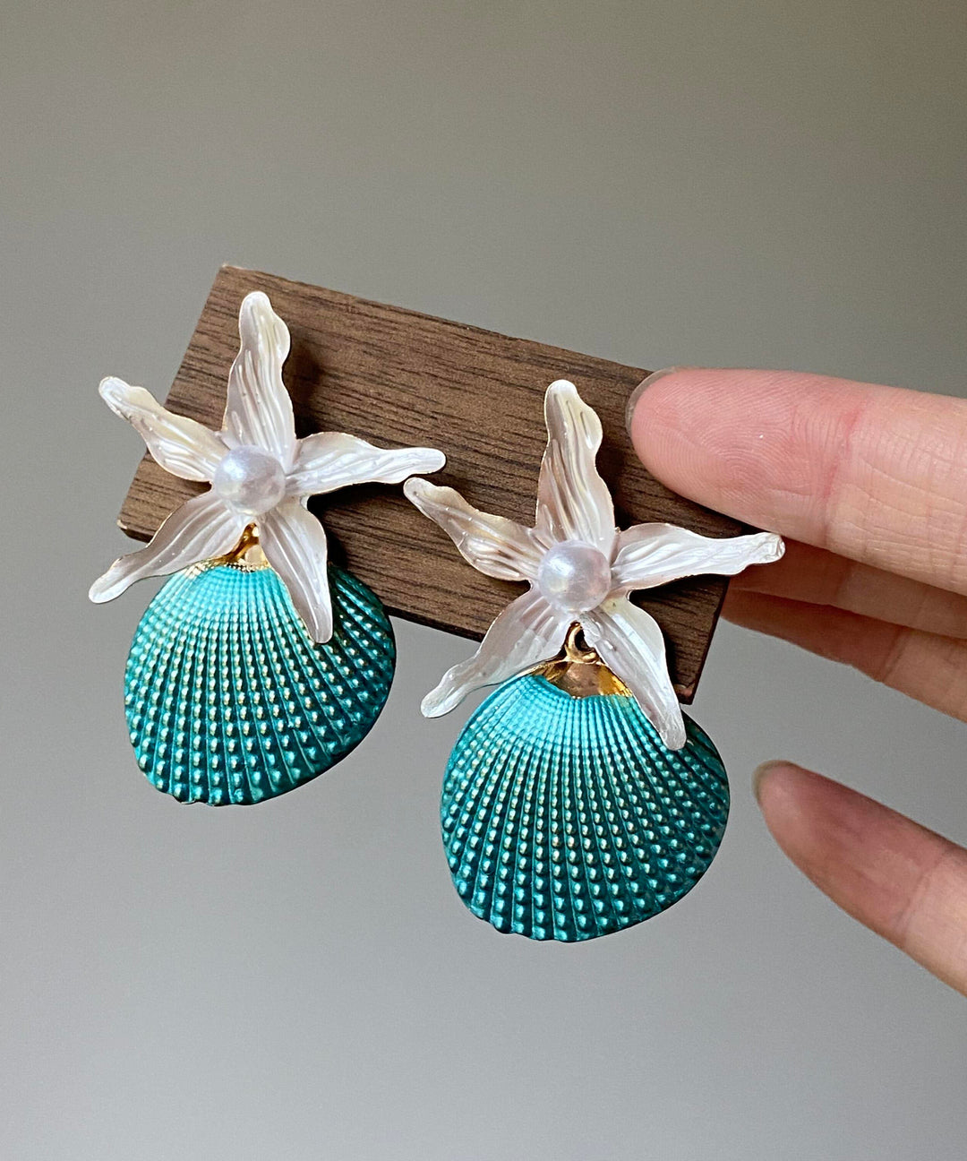 Beach Blue Alloy Shell Pearl Starfish Stud Earrings