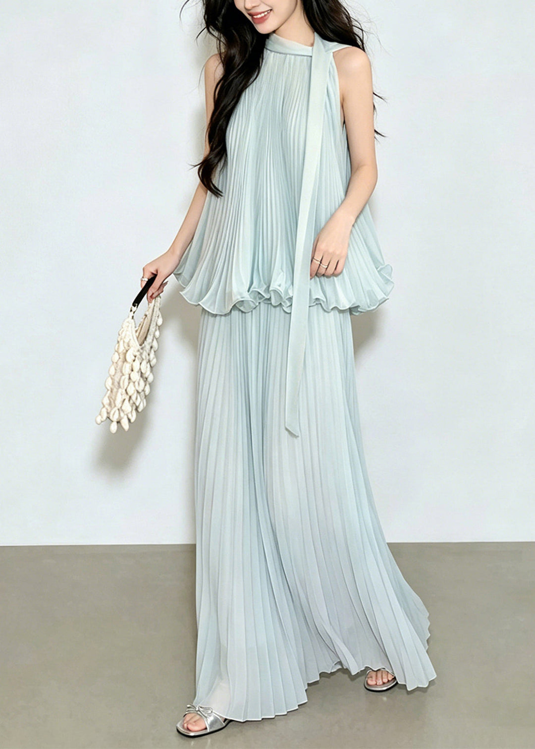 Beach Blue O-Neck Wrinkled Patchwork Solid Top And Wide Leg Pants Two Pieces Set Summer