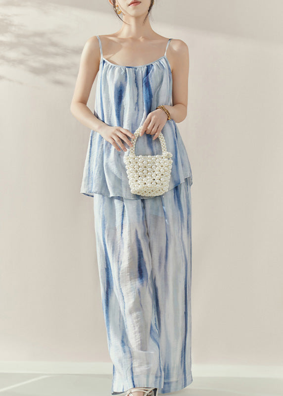 Beach Blue Tie Dye Cotton Vest And Wide Leg Pants Two Pieces Set Summer