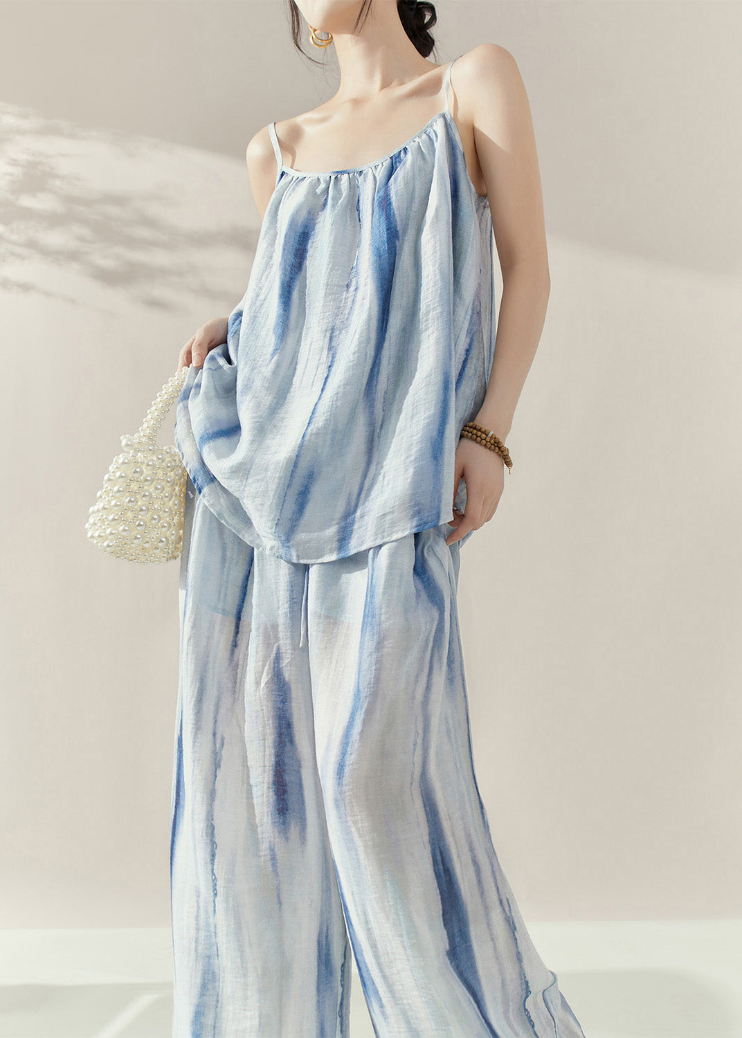 Beach Blue Tie Dye Cotton Vest And Wide Leg Pants Two Pieces Set Summer