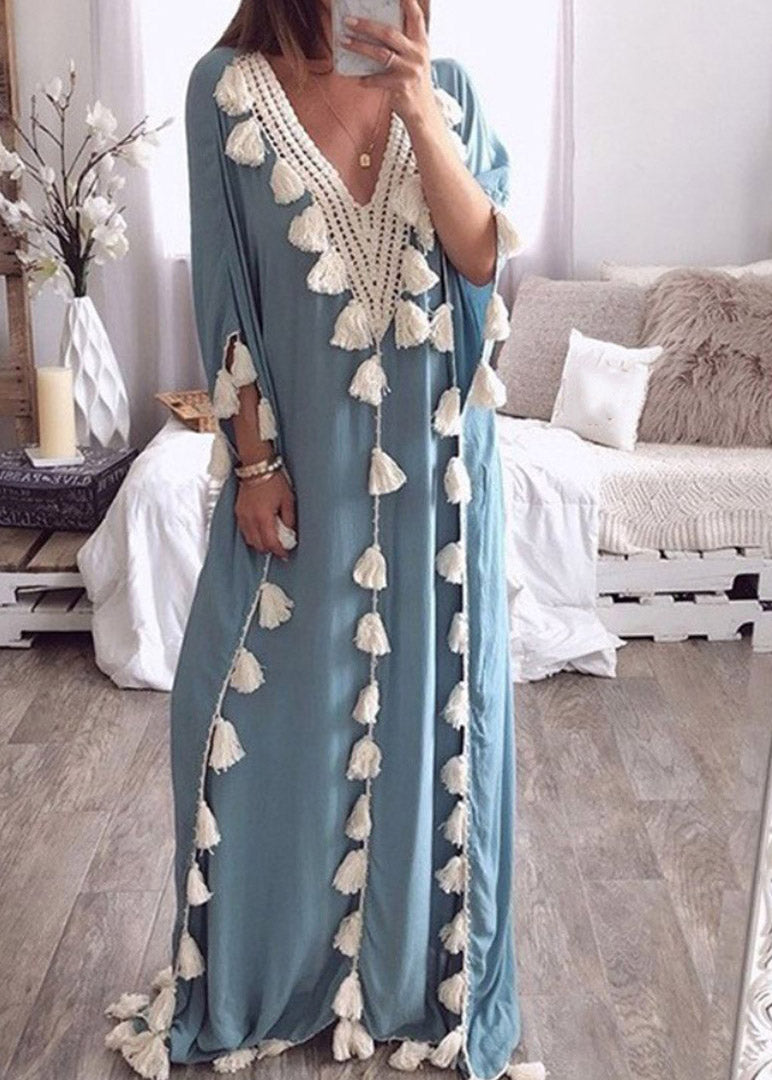 Beach Blue V Neck Tassel Long Dresses Three Quarter Sleeve