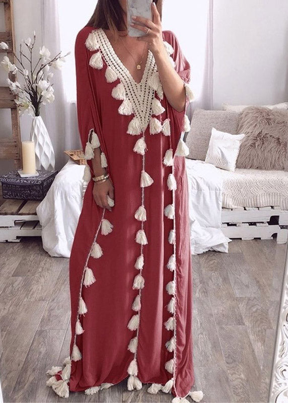 Beach Blue V Neck Tassel Long Dresses Three Quarter Sleeve