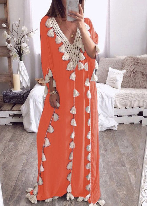 Beach Blue V Neck Tassel Long Dresses Three Quarter Sleeve