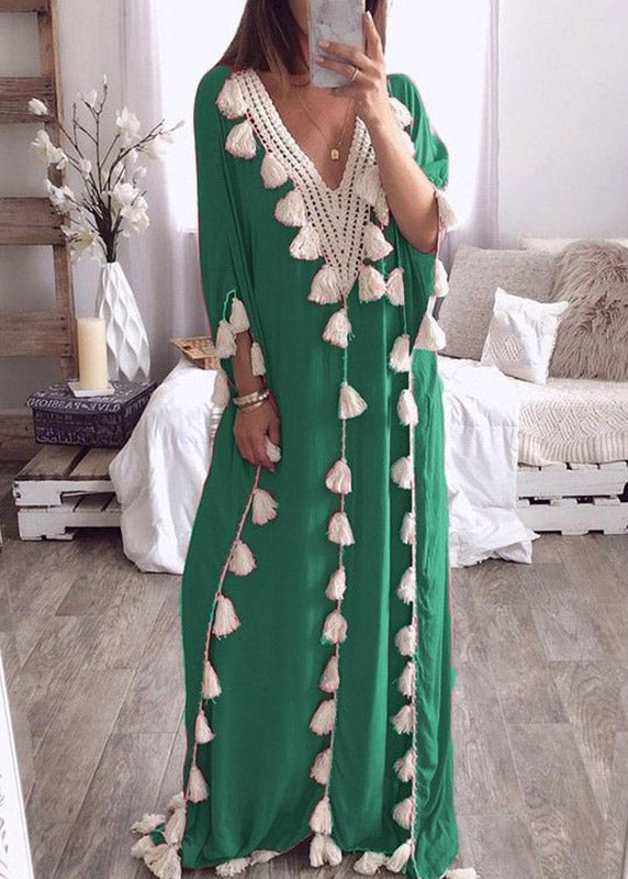 Beach Blue V Neck Tassel Long Dresses Three Quarter Sleeve