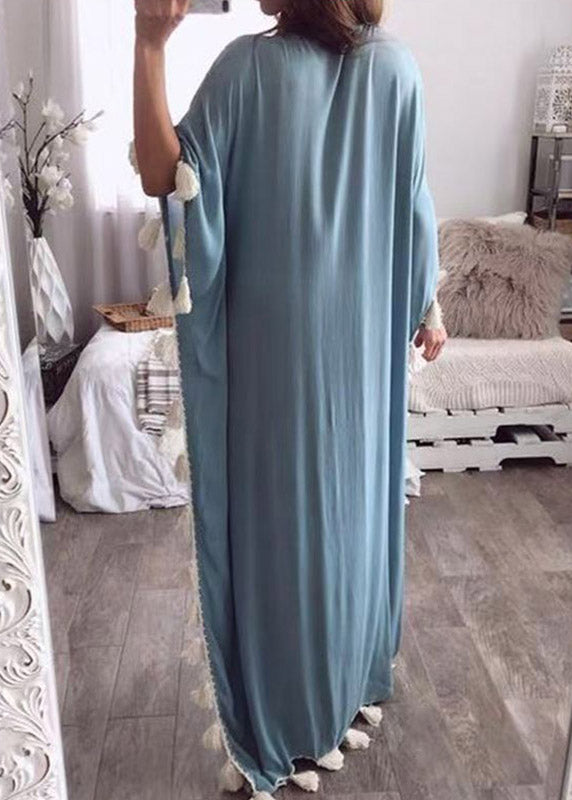 Beach Blue V Neck Tassel Long Dresses Three Quarter Sleeve