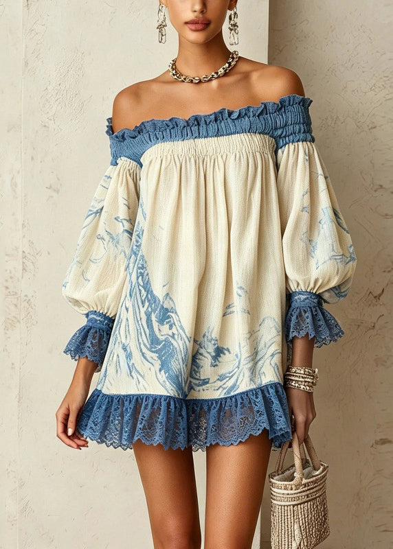 Beach Blue White Slash Neck Print Ruffled Patchwork Mid Dresses Sleeveless