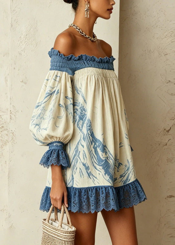 Beach Blue White Slash Neck Print Ruffled Patchwork Mid Dresses Sleeveless