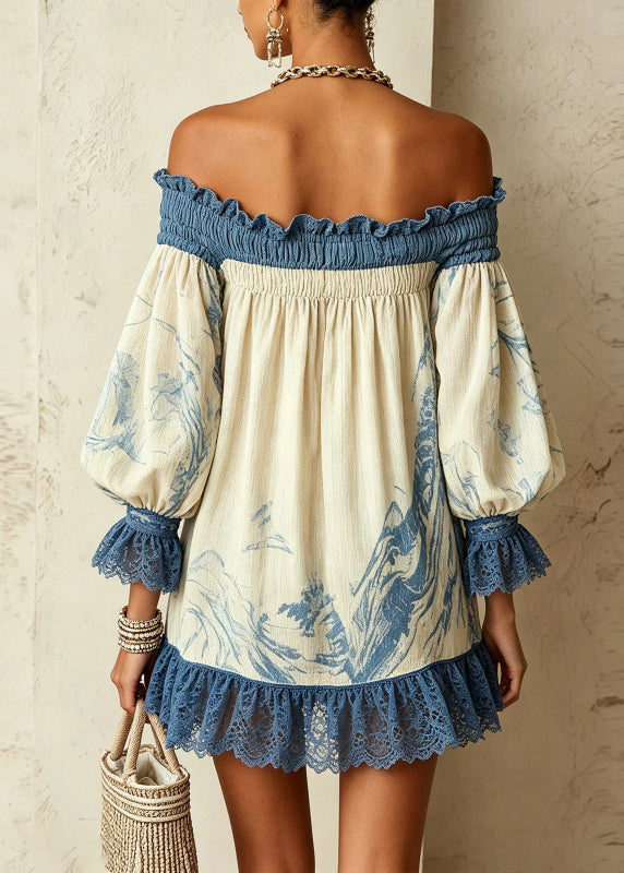 Beach Blue White Slash Neck Print Ruffled Patchwork Mid Dresses Sleeveless