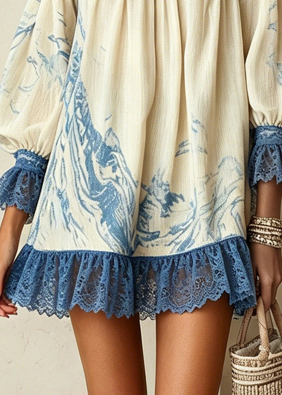 Beach Blue White Slash Neck Print Ruffled Patchwork Mid Dresses Sleeveless