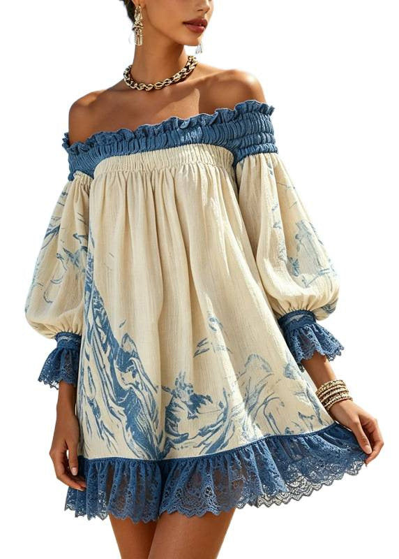 Beach Blue White Slash Neck Print Ruffled Patchwork Mid Dresses Sleeveless