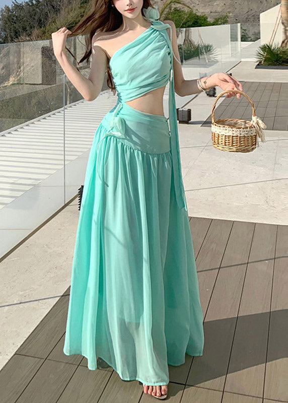 Beach Light Green One Shoulder Asymmetrical Chiffon Long Dresses Summer