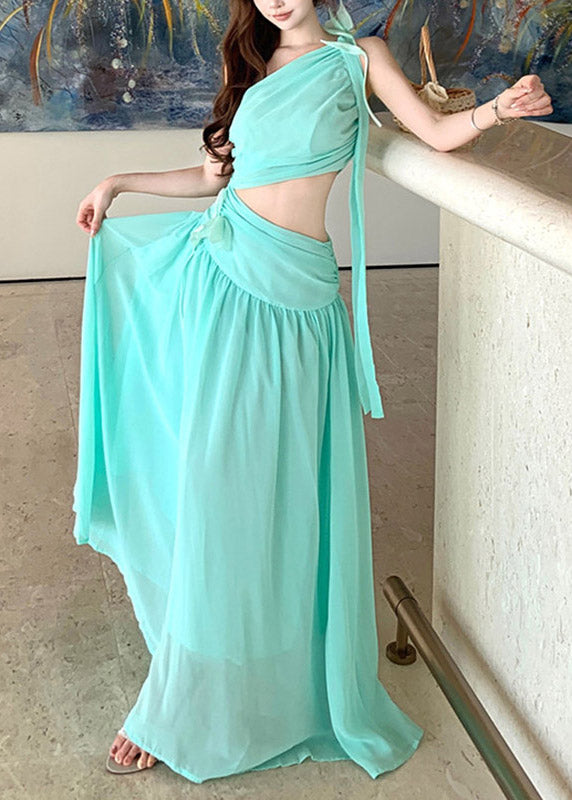 Beach Light Green One Shoulder Asymmetrical Chiffon Long Dresses Summer