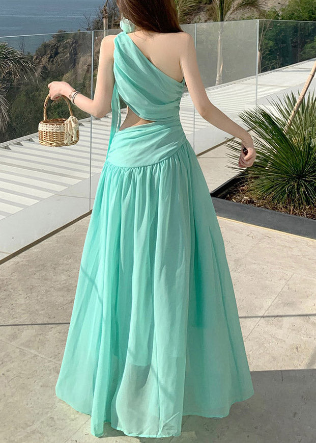 Beach Light Green One Shoulder Asymmetrical Chiffon Long Dresses Summer