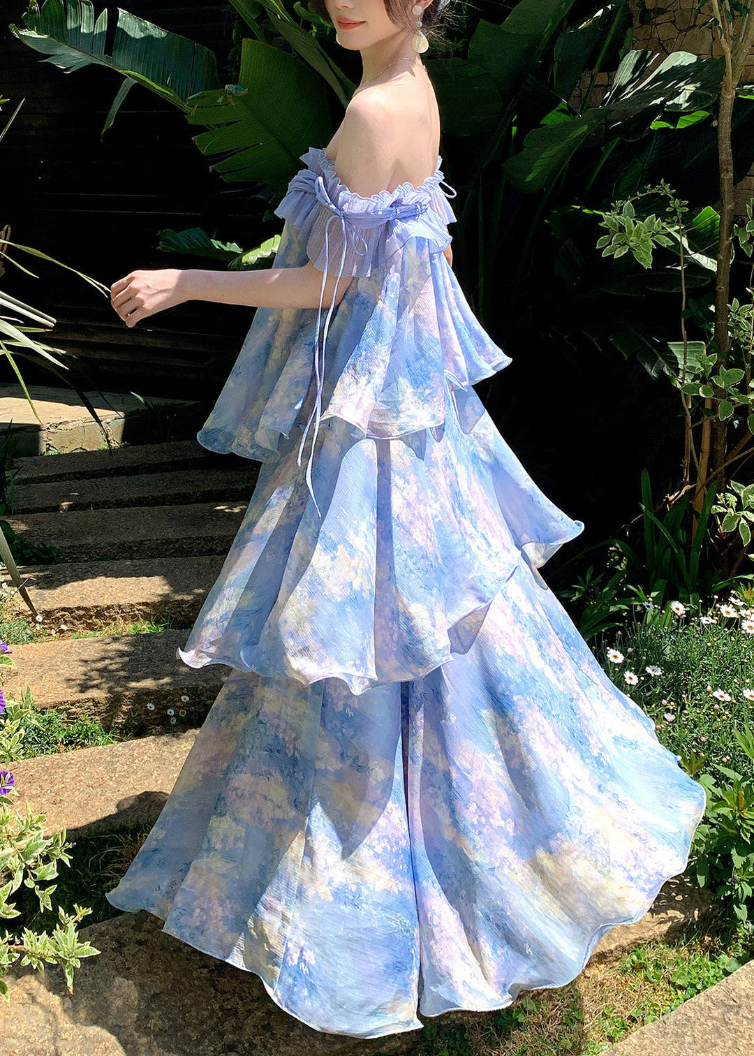Beach Light Purple Slash Neck Print Long Cake Dress Short Sleeve