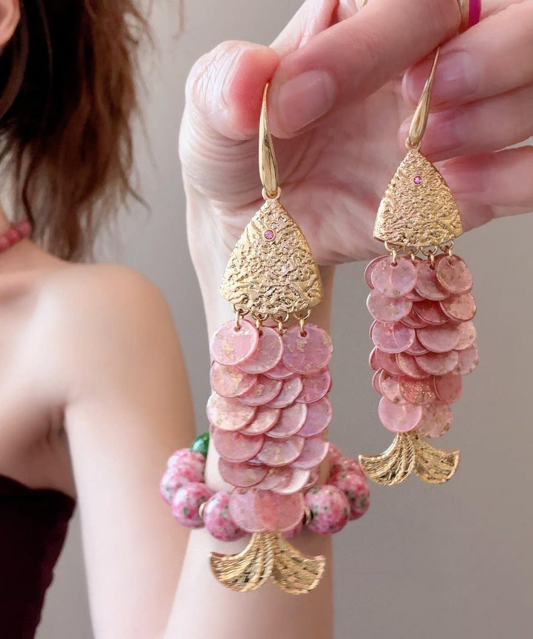 Beach Pink Alloy Fish Scales Tassel Drop Earrings