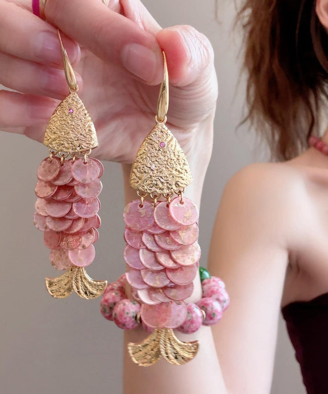 Beach Pink Alloy Fish Scales Tassel Drop Earrings