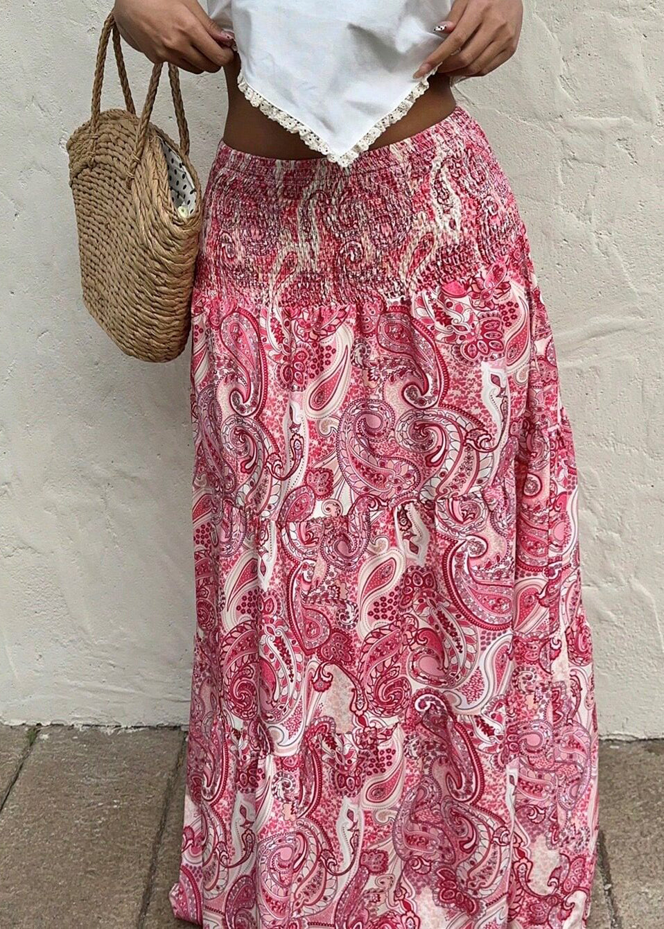 Beach Pink Print Elastic Waist A Line Skirts Summer