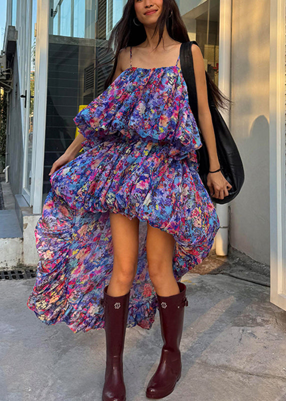 Beach Purple Print Vest And Asymmetrical Skirts Two Pieces Set Sleeveless