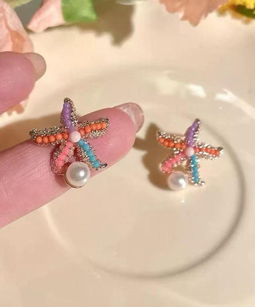 Beach Rainbow Alloy Pearl Coral Starfish Stud Earrings