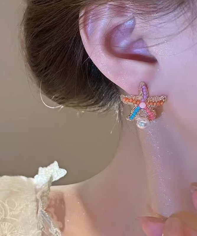 Beach Rainbow Alloy Pearl Coral Starfish Stud Earrings