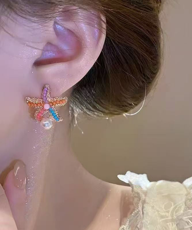 Beach Rainbow Alloy Pearl Coral Starfish Stud Earrings